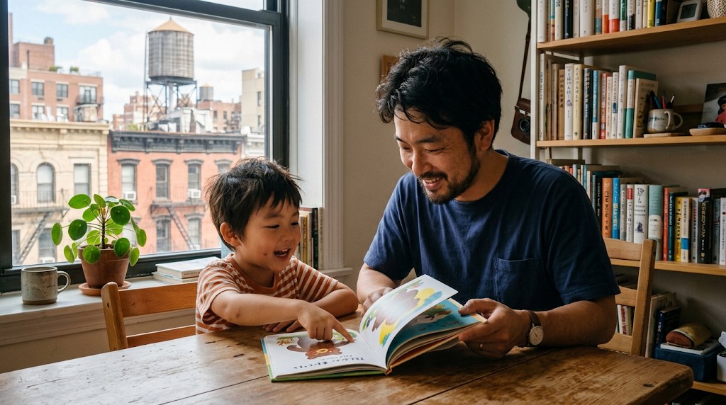 ニューヨークのアパートメントのダイニングで、日本人の父親と子どもが日本語の本を一緒に読んでいる様子
