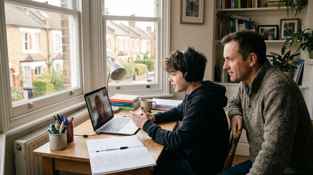 A boy in headphones talking with his teacher on a video call at a desk by a window while his father sits beside him