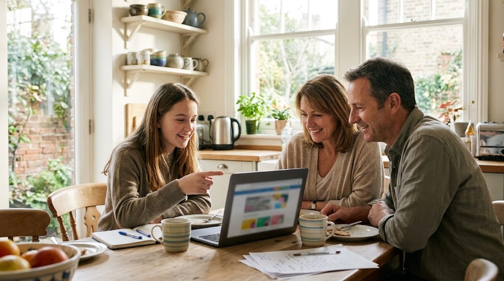 A teenage girl showing her smiling parents her online coursework on a laptop at a sunny kitchen table