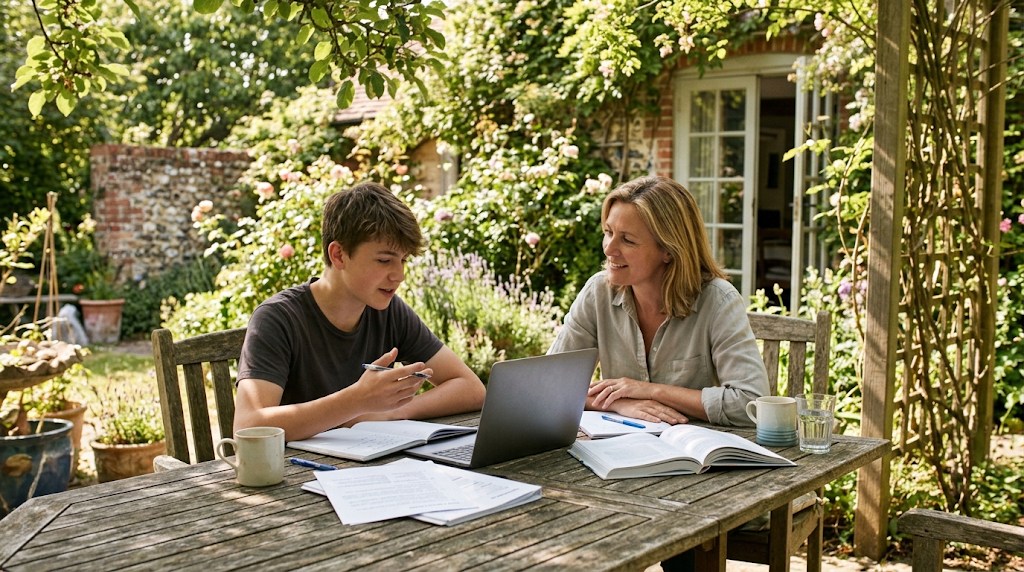 A mother and her 15-year-old son studying with textbooks, printed course notes and a laptop at a wooden table in a sunny English cottage garden