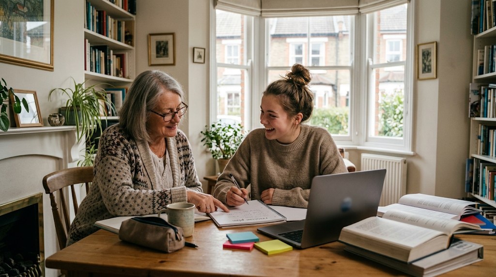 A grandmother and her teenage granddaughter planning revision in a notebook beside textbooks and a laptop in a bright terraced-house study