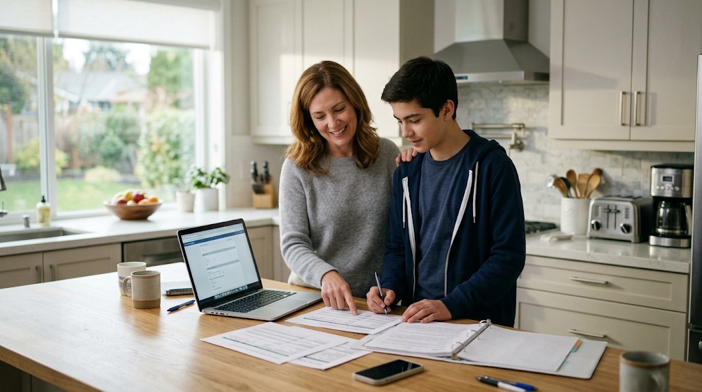 A mother and her teenage son at a kitchen island looking at a laptop and printed papers to plan his high school path