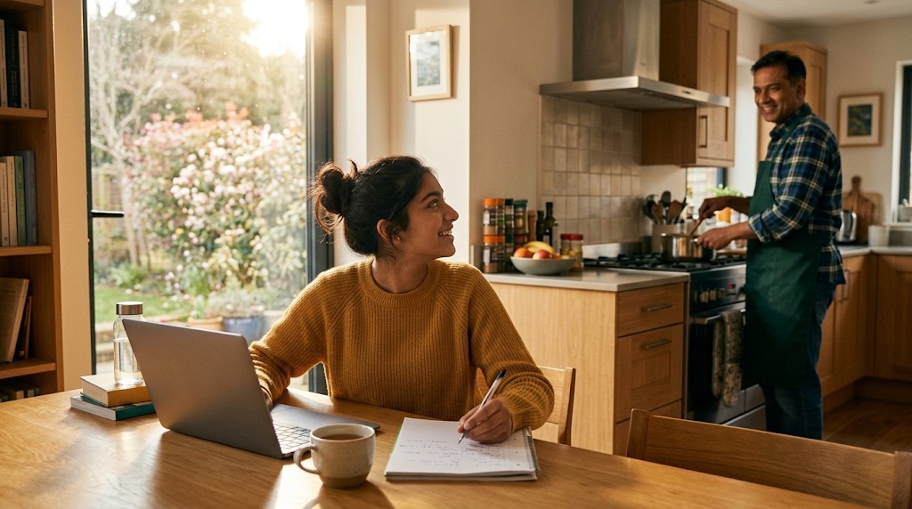 A teenage girl studying at her own pace on a laptop at a sunny table while her father cooks in the kitchen behind her