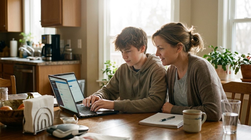 An American mother and her teenage son at a kitchen table looking at online high school coursework on a laptop together