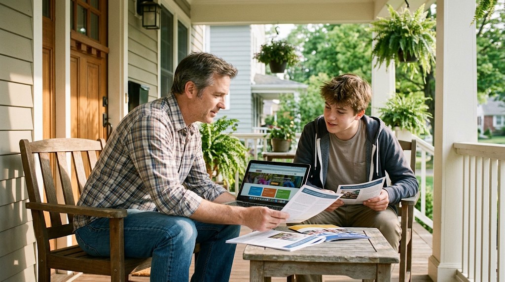 A father and his teenage son on a front porch comparing two printed school brochures next to a laptop