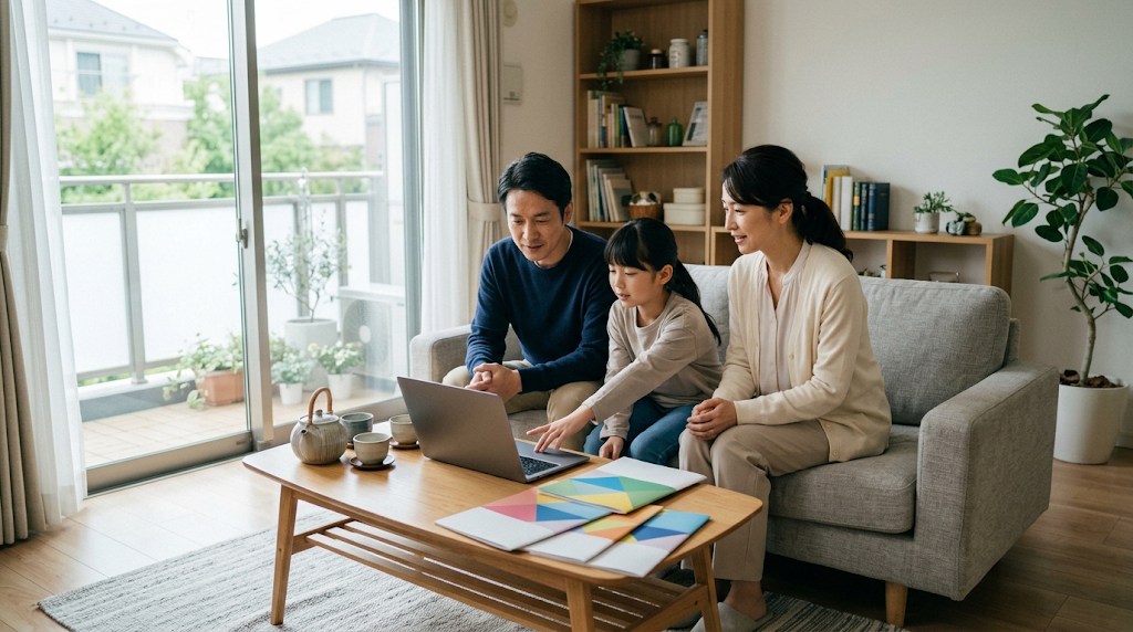 明るいリビングで、両親と小学校高学年の娘がノートパソコンと学校案内の資料を見ながら、学費や寮生活について話し合っている様子