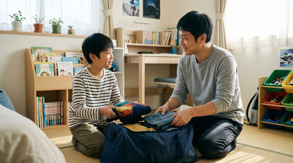 明るい子ども部屋で、父親と12歳くらいの息子がボストンバッグに荷物を詰めながら笑顔で話している様子