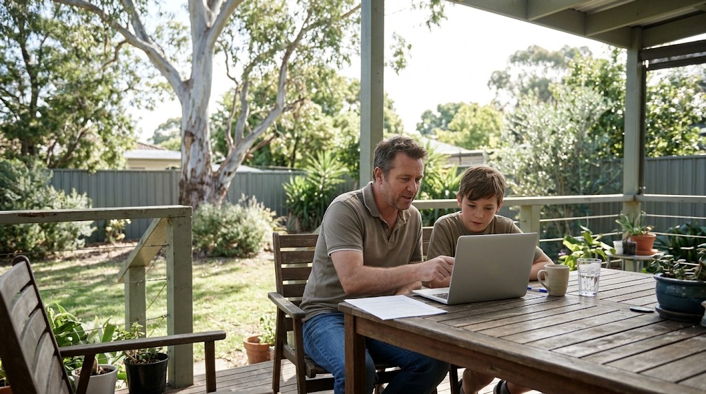 A father and his son on a Melbourne home verandah looking at school information on a laptop with a printed sheet