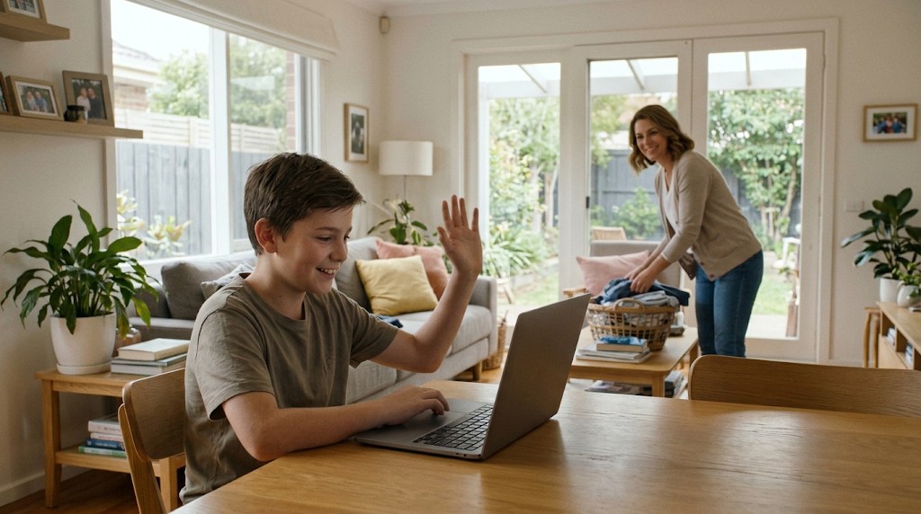 A boy waving to his live online class on a laptop in a bright living room while his mother folds laundry nearby