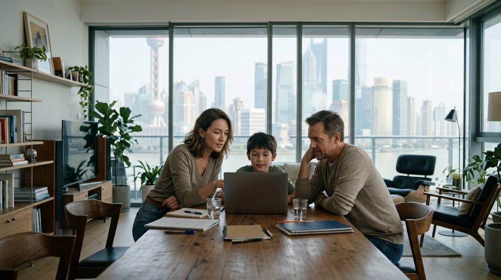 An expat family of three reviewing middle school options on a laptop at a dining table in a Shanghai apartment with a skyline view
