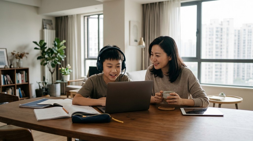 A boy with a headset in a live online class on a laptop while his mother sits beside him with a cup of tea in a Shanghai apartment