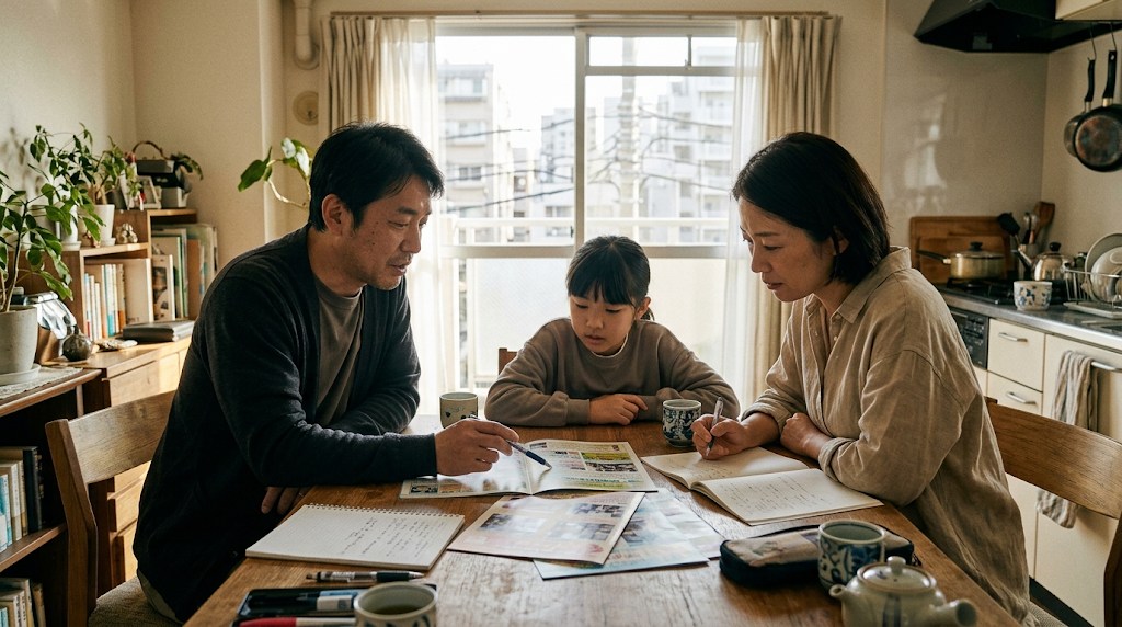 明るいダイニングテーブルで学校案内の冊子とノートを広げ、3つのコースについて話し合う両親と小学生の娘