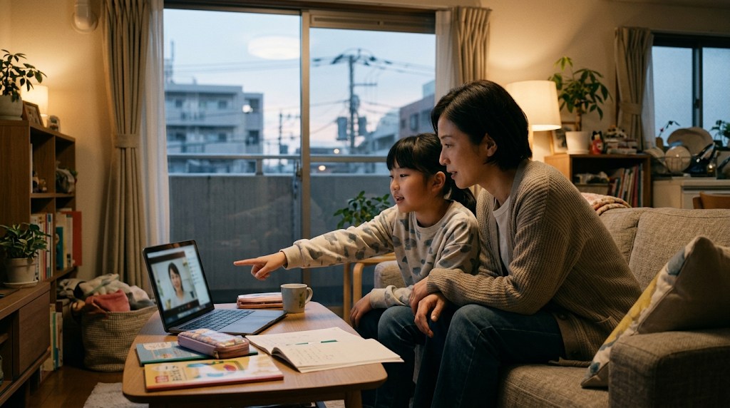 夕方のリビングのソファで、ノートパソコンのオンライン英語授業を一緒に見ながら話す母親と小学生の娘