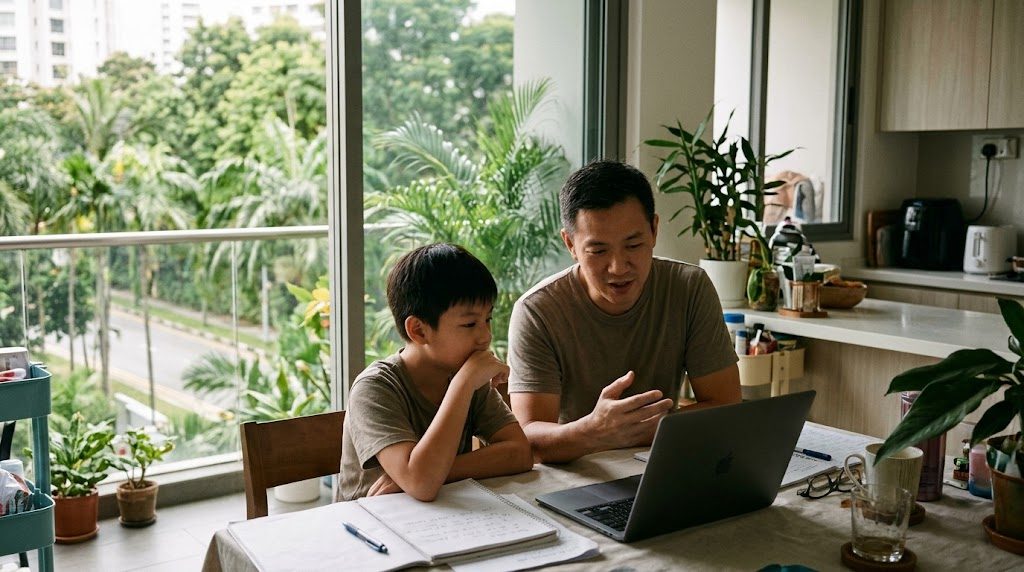 A father and his son looking at a laptop together at a kitchen table in a Singapore apartment while comparing international school fees