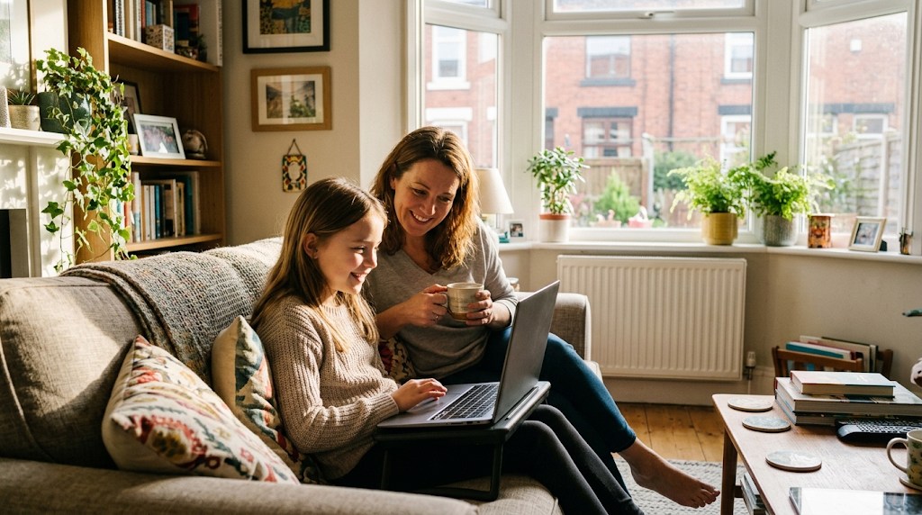 An 11-year-old girl in a live online class on a laptop on the sofa, with her mother beside her holding a cup of tea in a bright Manchester living room