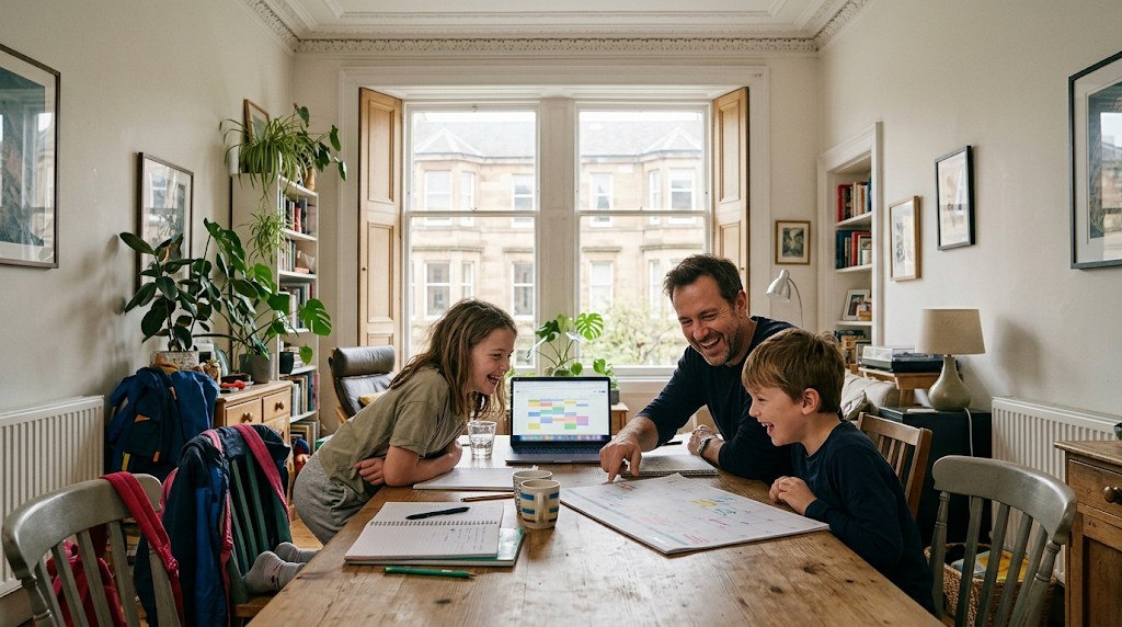 A father and his two children laughing together over a colour-coded weekly school timetable on a laptop at the dining table of an Edinburgh flat