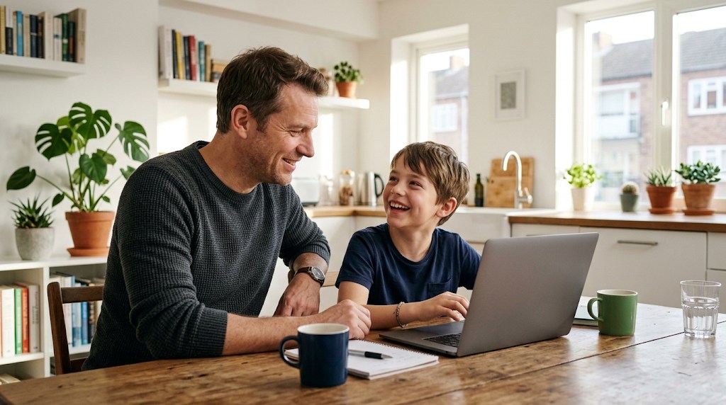A father and his son looking at a laptop together at a bright kitchen table while comparing international schools before a move to Tokyo
