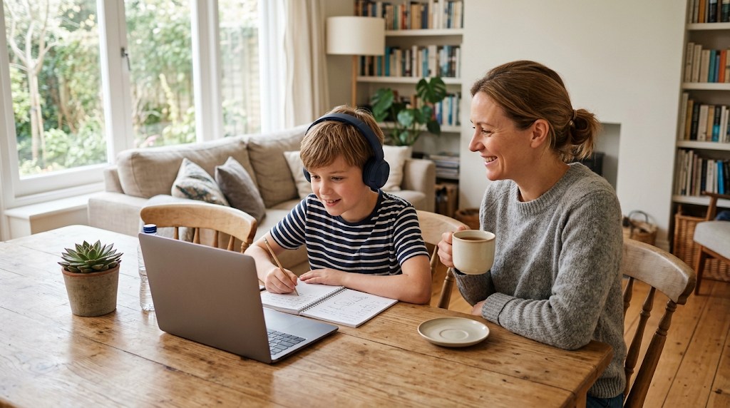 A boy taking part in a live online class on a laptop at home while his mother sits nearby at the dining table