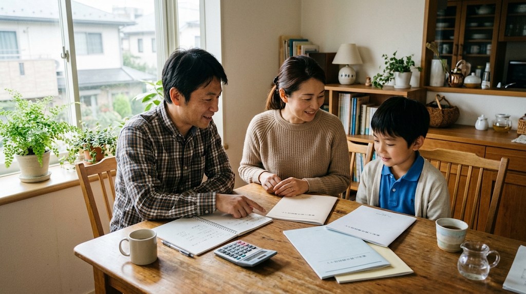 東京の住宅の食卓で、両親と息子が学校案内の資料と電卓を広げて入学にかかる費用を話し合っている様子