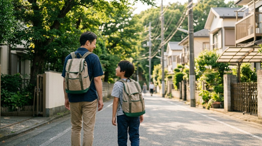 東京の住宅街の明るい道を、父親と息子が並んで話しながら歩いている様子