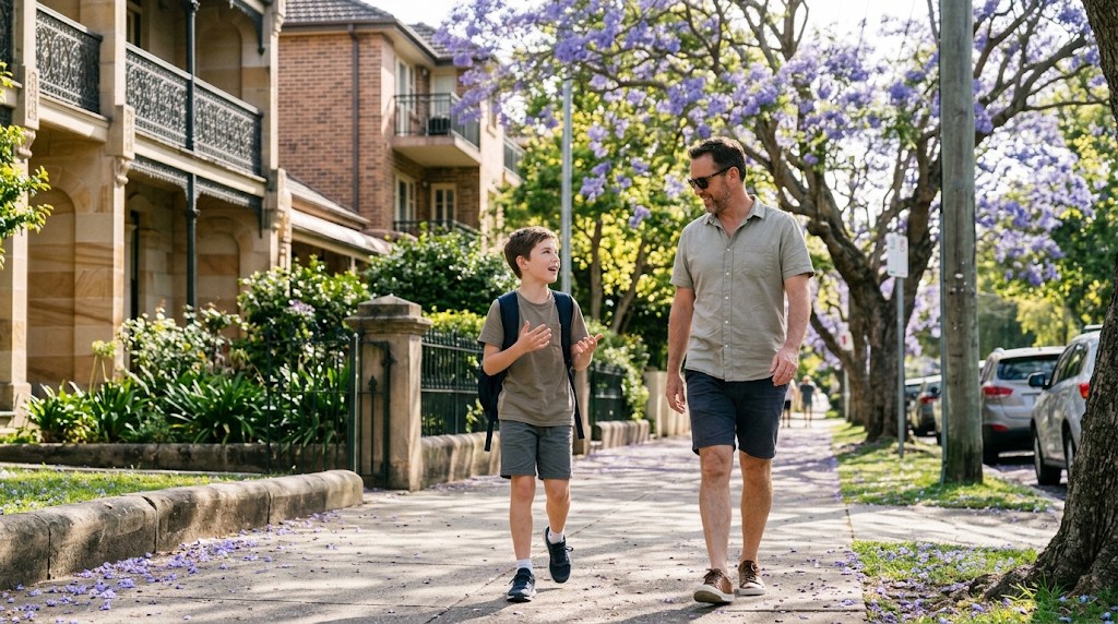 An Australian father and his son with a backpack walking along a Sydney street lined with sandstone houses and flowering jacaranda trees
