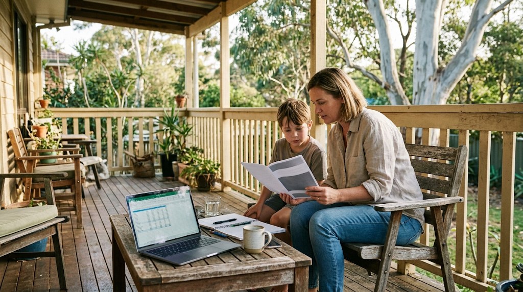 An Australian mother and her son on a timber verandah reading a school information booklet beside a laptop with a budget spreadsheet