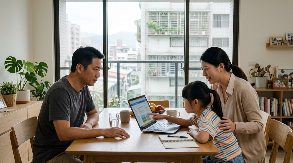 A Taiwanese mother and father with their daughter comparing school options on a laptop at a dining table in a Taipei apartment