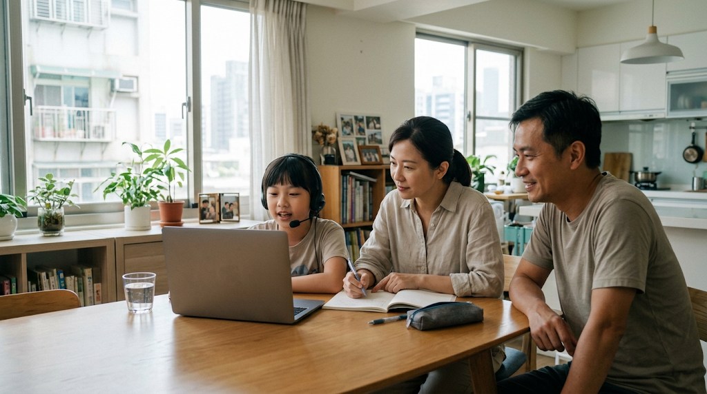 A Taiwanese girl in a live online English lesson on a laptop with her mother helping beside her and her father at the table