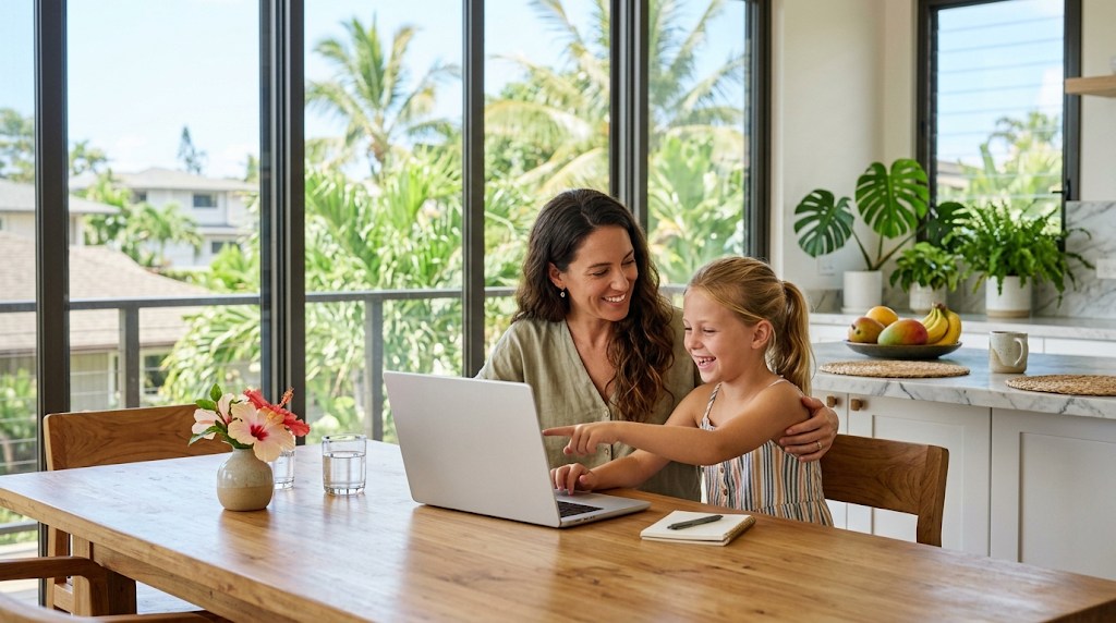 A mother and her daughter looking at a laptop together at a bright kitchen table while comparing international schools before a move to Singapore