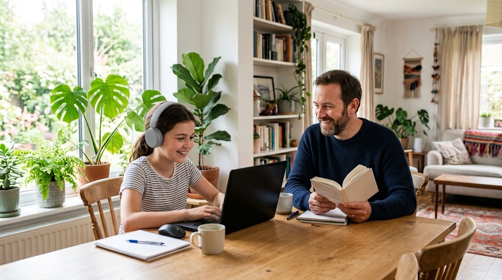 A girl joining a live online class on a laptop at home while her father sits nearby at the same table