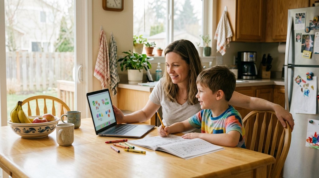 A mother and her 8-year-old son at a kitchen table looking together at a colorful math lesson on a laptop with a printed worksheet