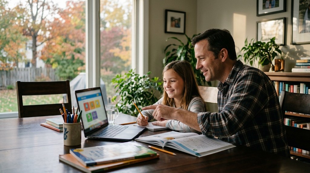A father sitting beside his 10-year-old daughter at a dining table, pointing at an online lesson on her laptop, autumn trees outside the window