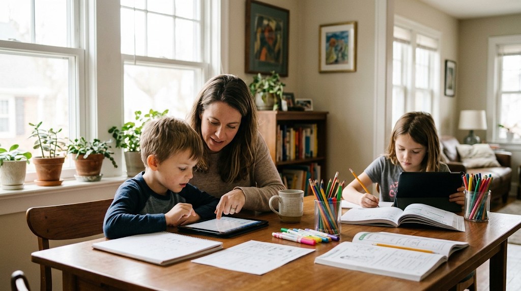 A homeschooling mother helping her young son with a tablet lesson at the dining table while his sister works beside them