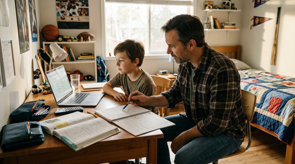 A father helping his 10-year-old son with a math lesson in a notebook next to a laptop at a bedroom desk