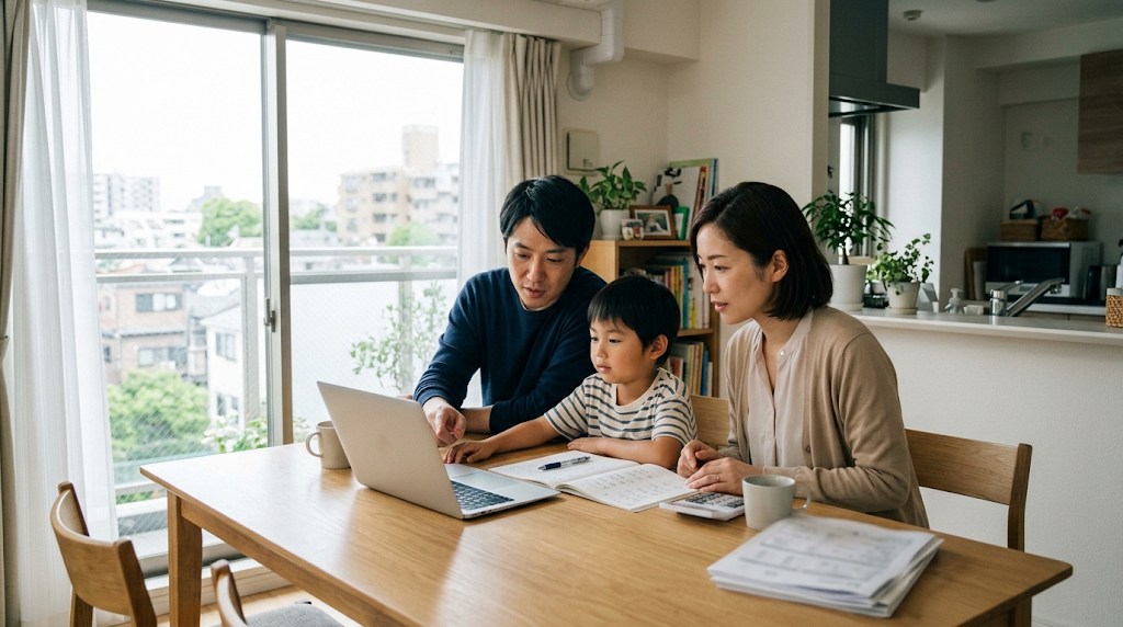 都心のマンションの明るい食卓で、両親と小学生の息子がノートパソコンと手帳を見ながら学費の予定を話し合っている様子
