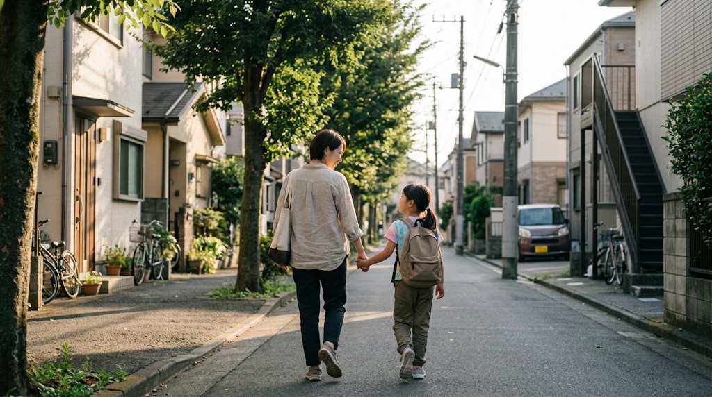 都心の明るい並木道を、母親と小学生の娘が手をつないで話しながら歩いている様子