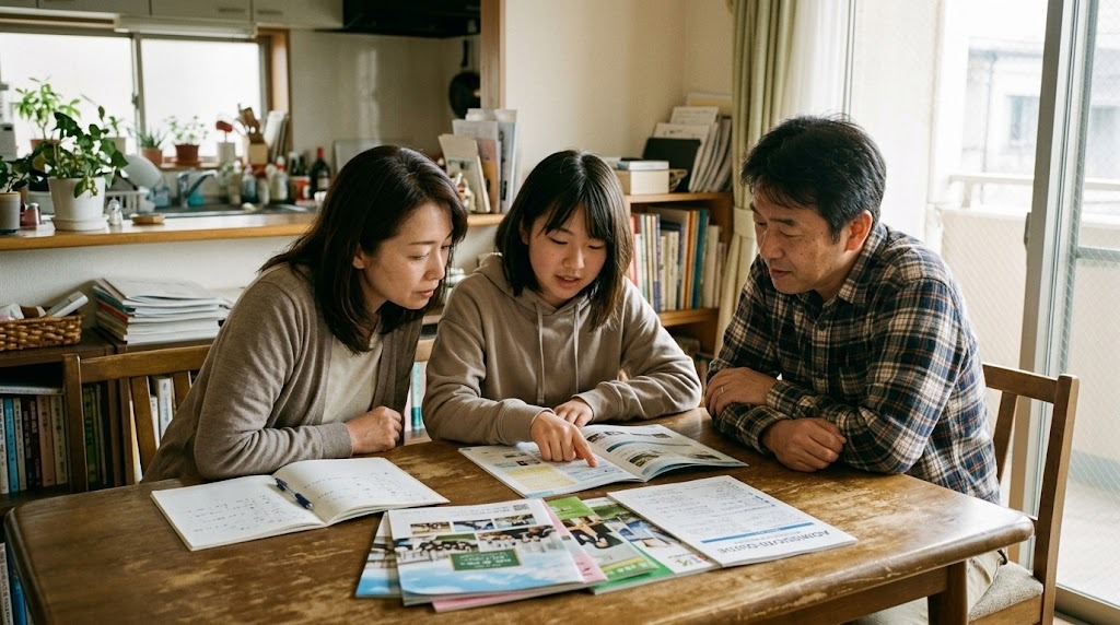 明るいダイニングで、高校の学校案内と入試資料を広げて話し合う両親と中学生の娘