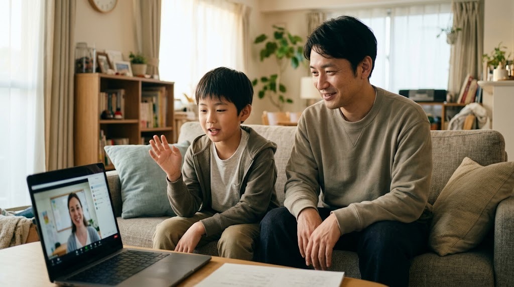 夕方の明るいリビングで、ノートパソコンのオンライン英語授業を一緒に見る父親と小学生の息子