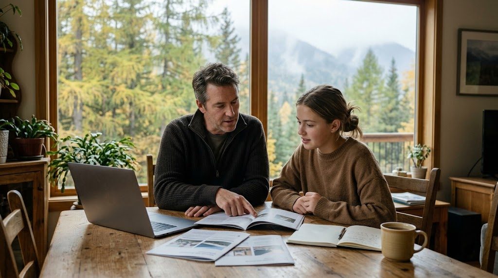 A father and his teenage daughter reviewing boarding school materials together at a wooden table with a laptop, with larch trees outside the window