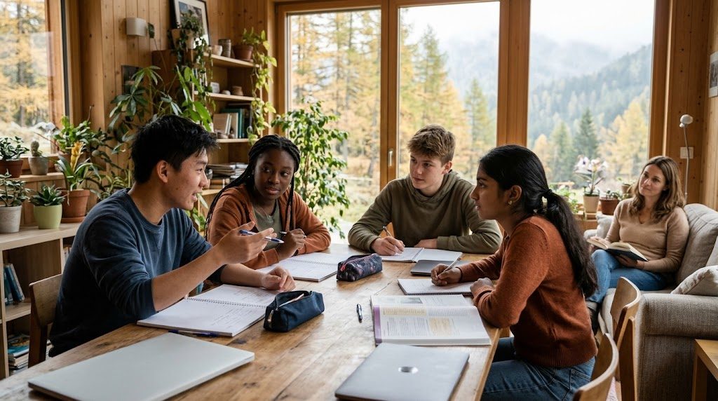 Teenagers studying together around a table in a bright common room with large windows while an adult mentor sits nearby