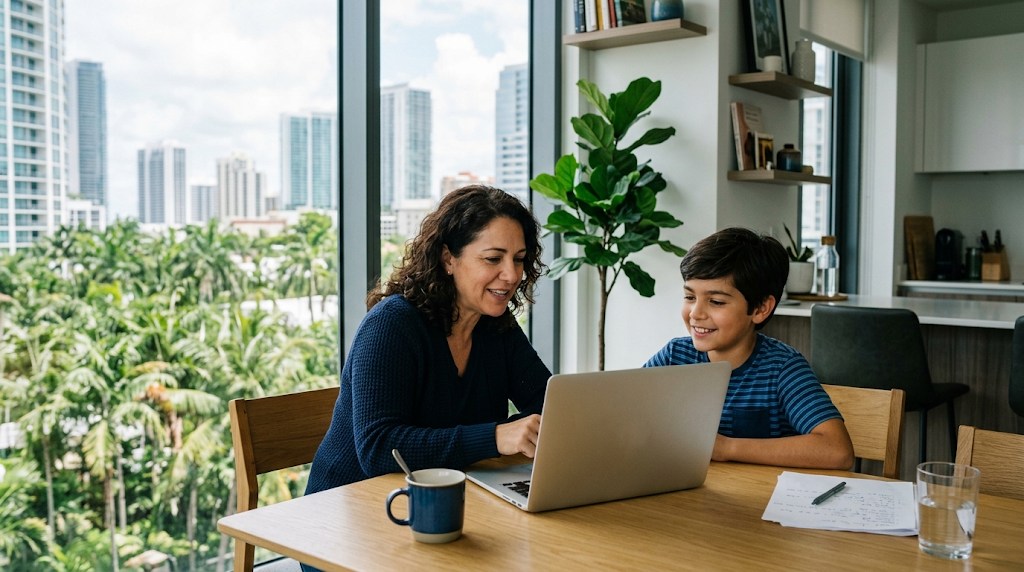 A mother and her son looking at a laptop together at a bright kitchen table while comparing international school options before a move abroad