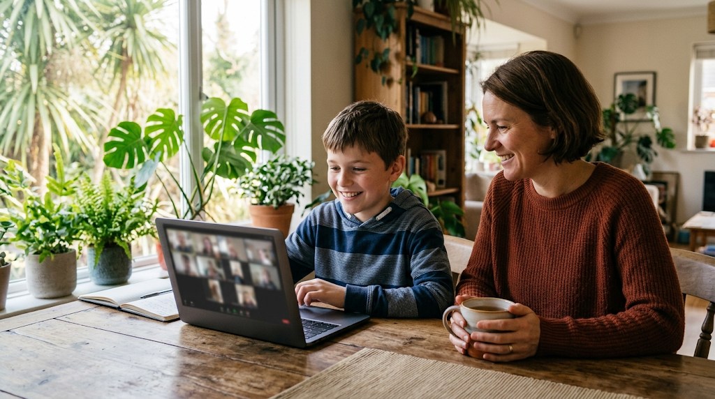 A child joining a live online class on a laptop at home while a parent sits nearby at the same table