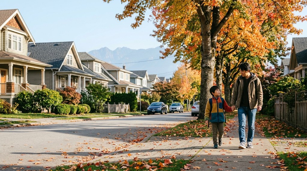 山並みを背景にしたバンクーバーの住宅街の並木道を、朝、日本人の親子が手をつないで学校へ向かう様子
