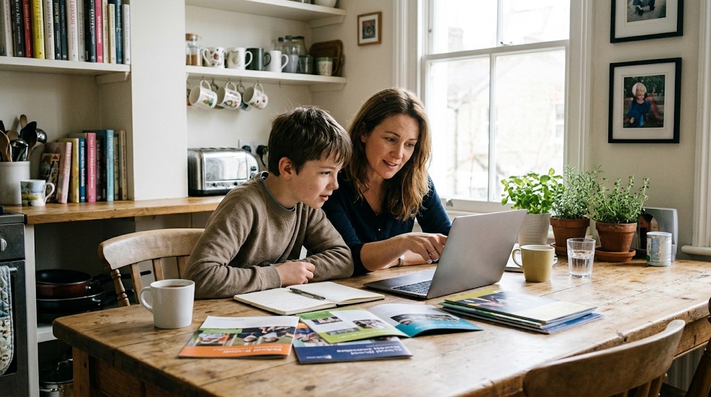 A mother and her son at a kitchen table in a London home, comparing school brochures and a laptop together