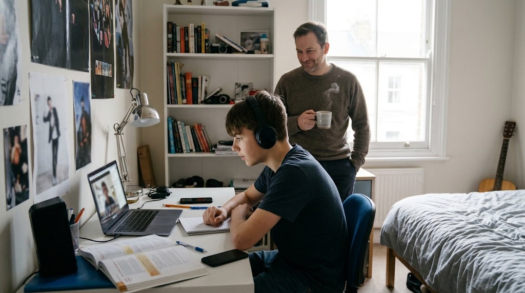 A teenage boy wearing headphones in an online class at his bedroom desk while his father looks on with a cup of tea