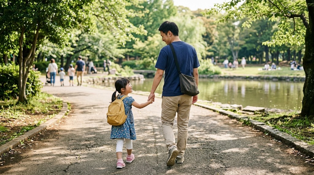 緑の多い明るい公園の小道を、父親と幼い娘が手をつないで話しながら歩いている様子