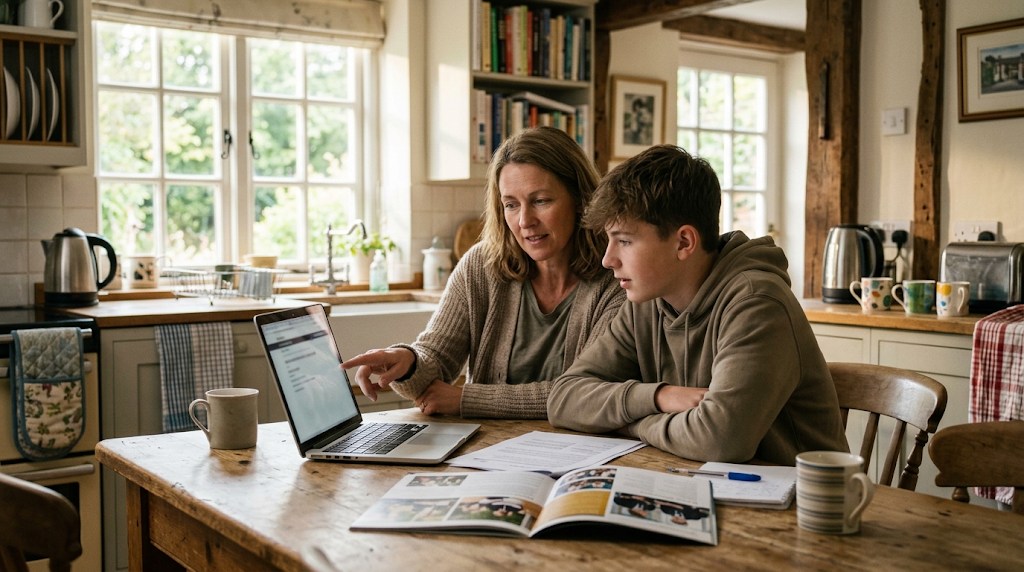 A British mother and her teenage son at a kitchen table reviewing school information on a laptop and a printed prospectus