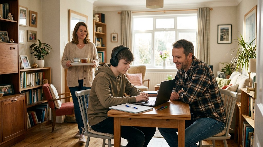 A teenage boy with headphones in a live online class at a living-room table while his father sits beside him and his mother brings tea