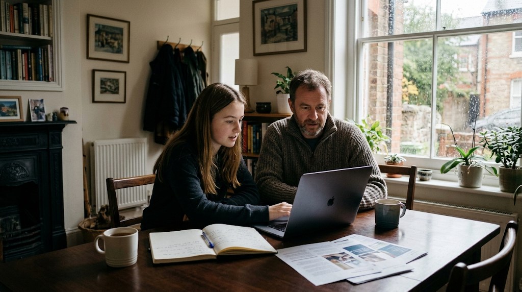 A father and his teenage daughter at a dining table comparing two distance-learning course options on a laptop