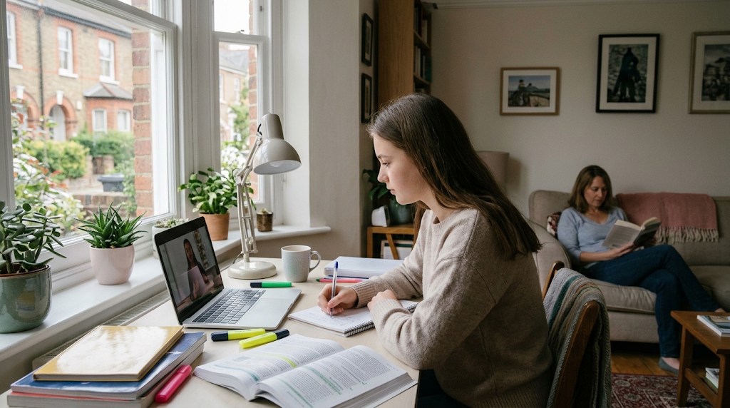 A teenage girl taking notes from a video lesson at a desk by the window while her mother reads on the sofa